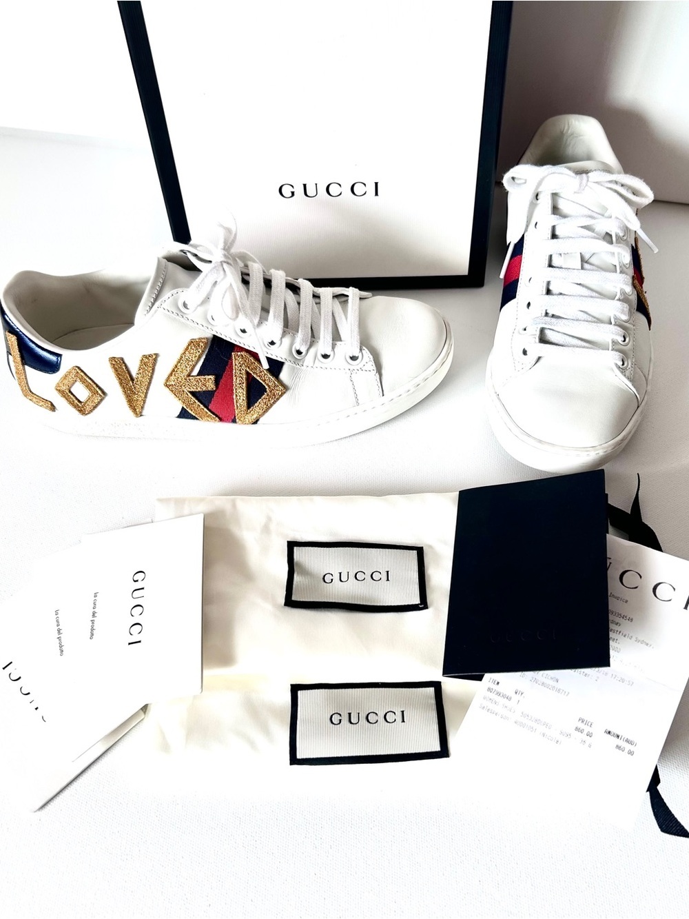 Like New Gucci Ace LOVE Leather Sneakers White Red Blue & Gold Sz 6 Box Receipt